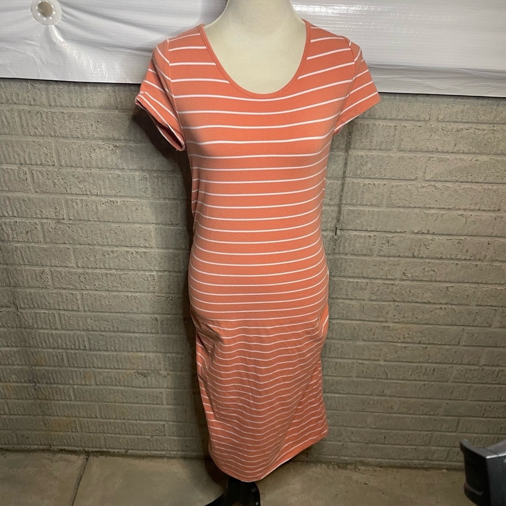 Isabel Maternity Coral White Striped Short Sleeve Midi Dress Size Medium
